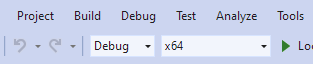 The active build configuration drop-downs in Visual Studio, setup for a Debug x64 build.