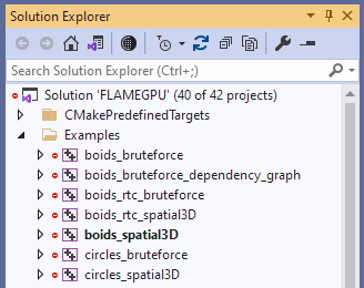 The solution explorer with boids_spatial3D as the startup project.